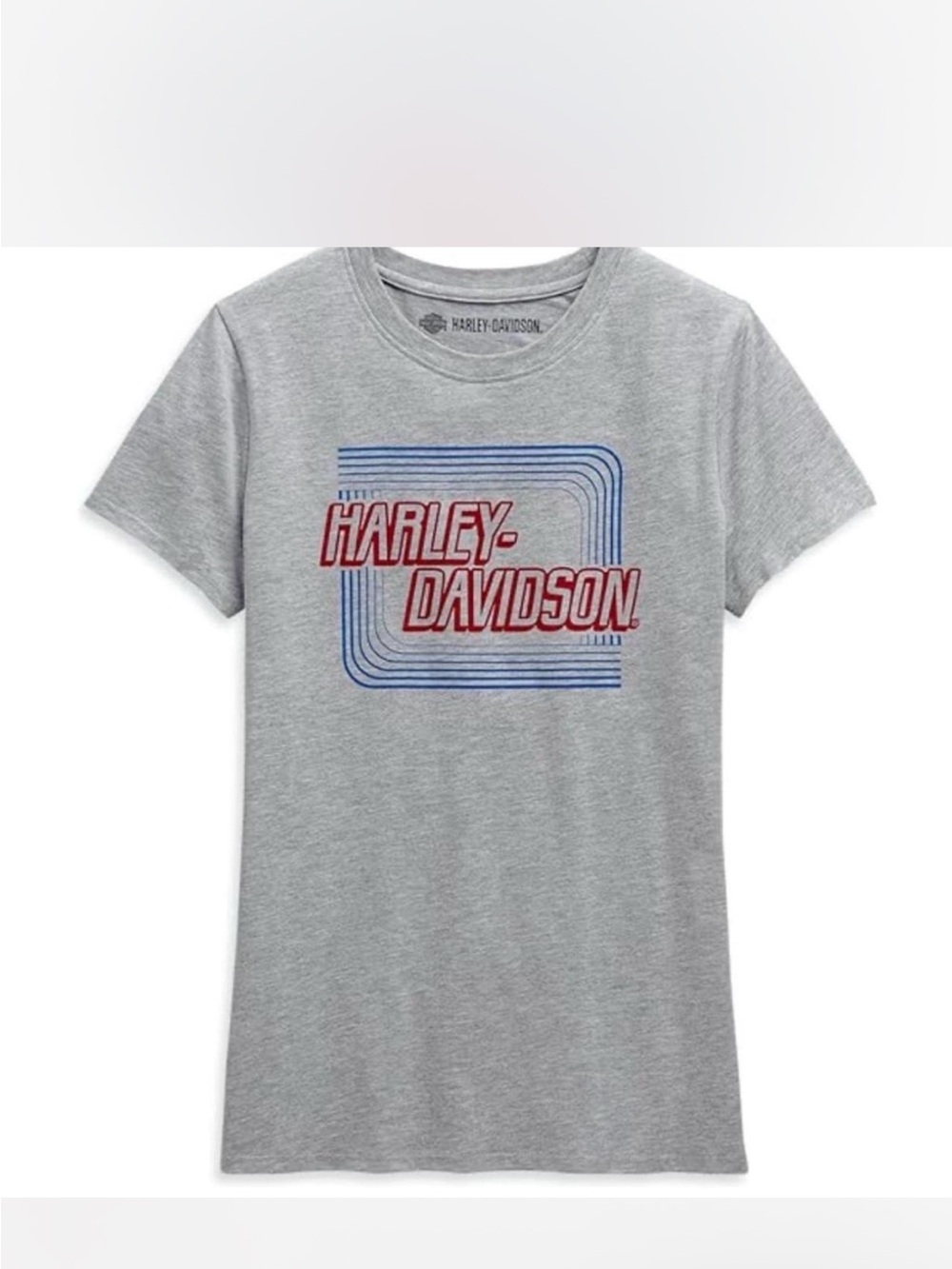 Harley-Davidson Grey Tee with Red Logo and Blue Retro Lines